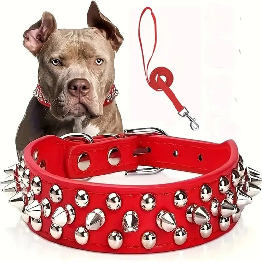 Ensemble laisse et collier clouté pour chien - Rouge