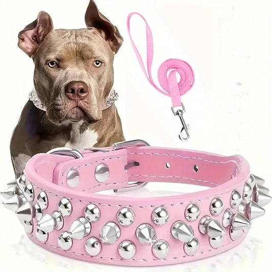 Ensemble laisse et collier clouté pour chien - Rose